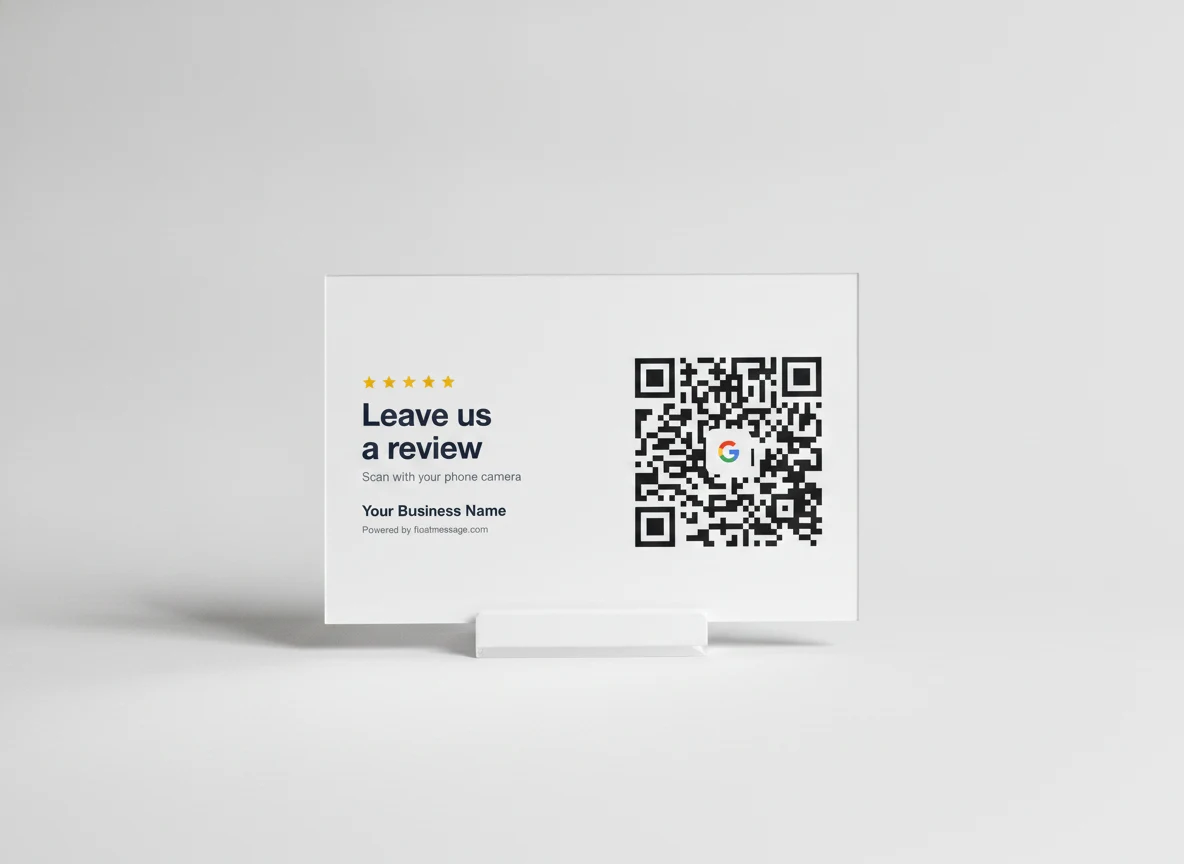 white counter sign, printed with a Google review QR code