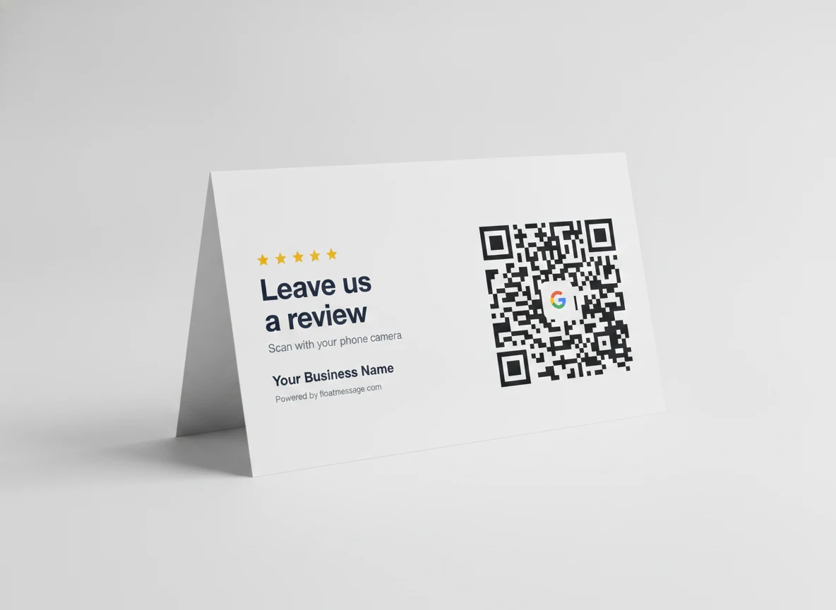 white table tent, printed with a Google review QR code